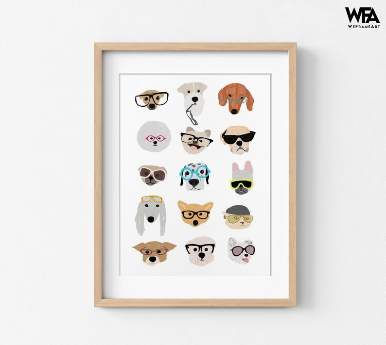 Dogs with Glasses by Hanna Melin, Doggo Wall Art, Cute Dog Nursery Print, Baby Nursery Gift Idea, Gender Neutral Playroom Decor Natural + Mat