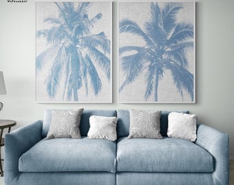 Blue Palm Tree Art Prints, Tropical Wall Decor, Set of 2
