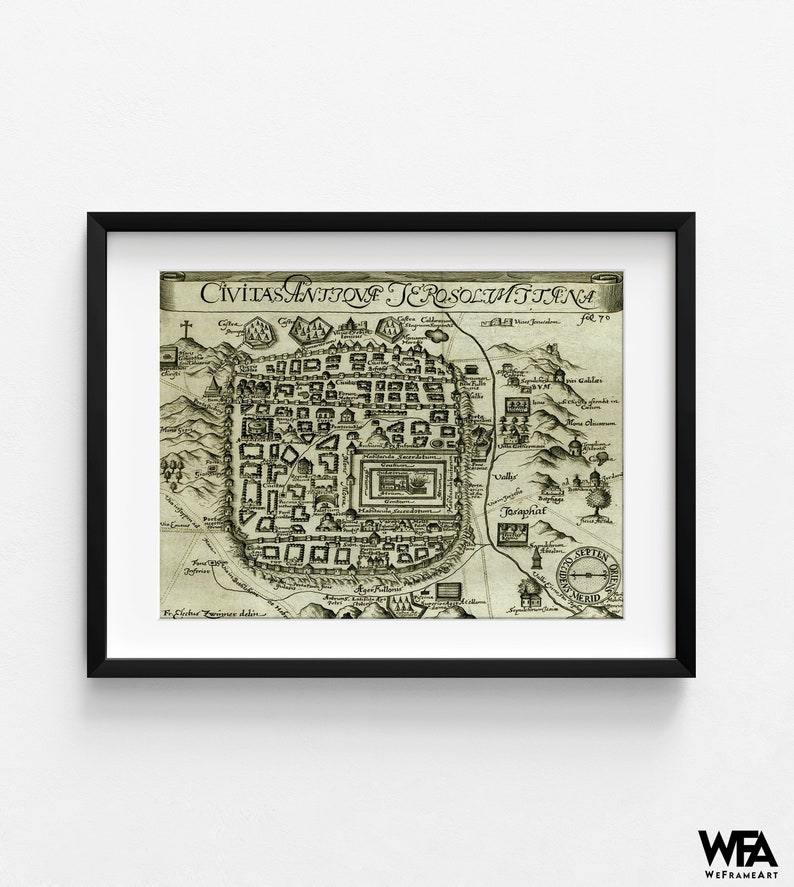 Modern Antique Map of Jerusalem, Religious House Decor, Holy Land Poster, Biblical Places Map Prints, Church Wall Art,Christian Entryway Art Black + Mat