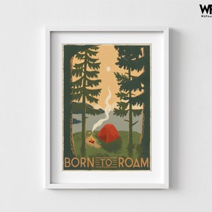 Retro Camping Poster, Framed Camping Poster Oversized Wall Art, Vintage Camping Poster, Camping Wall Art, Nature Large Wall Art White + Mat