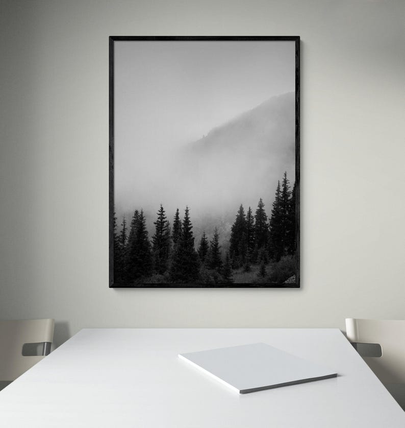 Smokey Mountains Print, Black and White Forest Photography, Framed Wall Art image 1