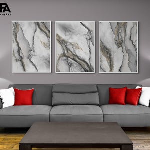Abstract Ink Fantasy III by Andrea Haase, Marble Wall Art Set Of 3 Gray Gold Luxurious Home Decor, Elegant Canvas Abstract Fine Art Print