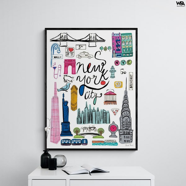 Travel NYC White by Farida Zaman, New York Illustration Poster, NYC Cafeteria Entryway Wall Art, Welcome Gift For Girlfriend