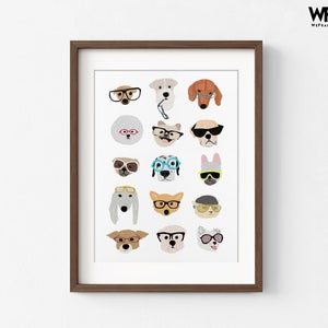 Dogs with Glasses by Hanna Melin, Doggo Wall Art, Cute Dog Nursery Print, Baby Nursery Gift Idea, Gender Neutral Playroom Decor Walnut + Mat