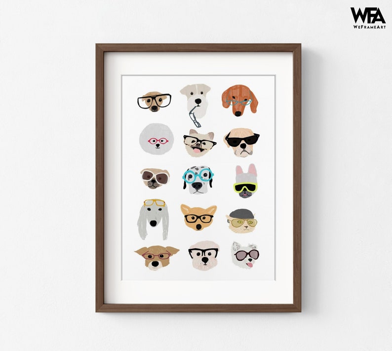 Dogs with Glasses by Hanna Melin, Doggo Wall Art, Cute Dog Nursery Print, Baby Nursery Gift Idea, Gender Neutral Playroom Decor Walnut + Mat