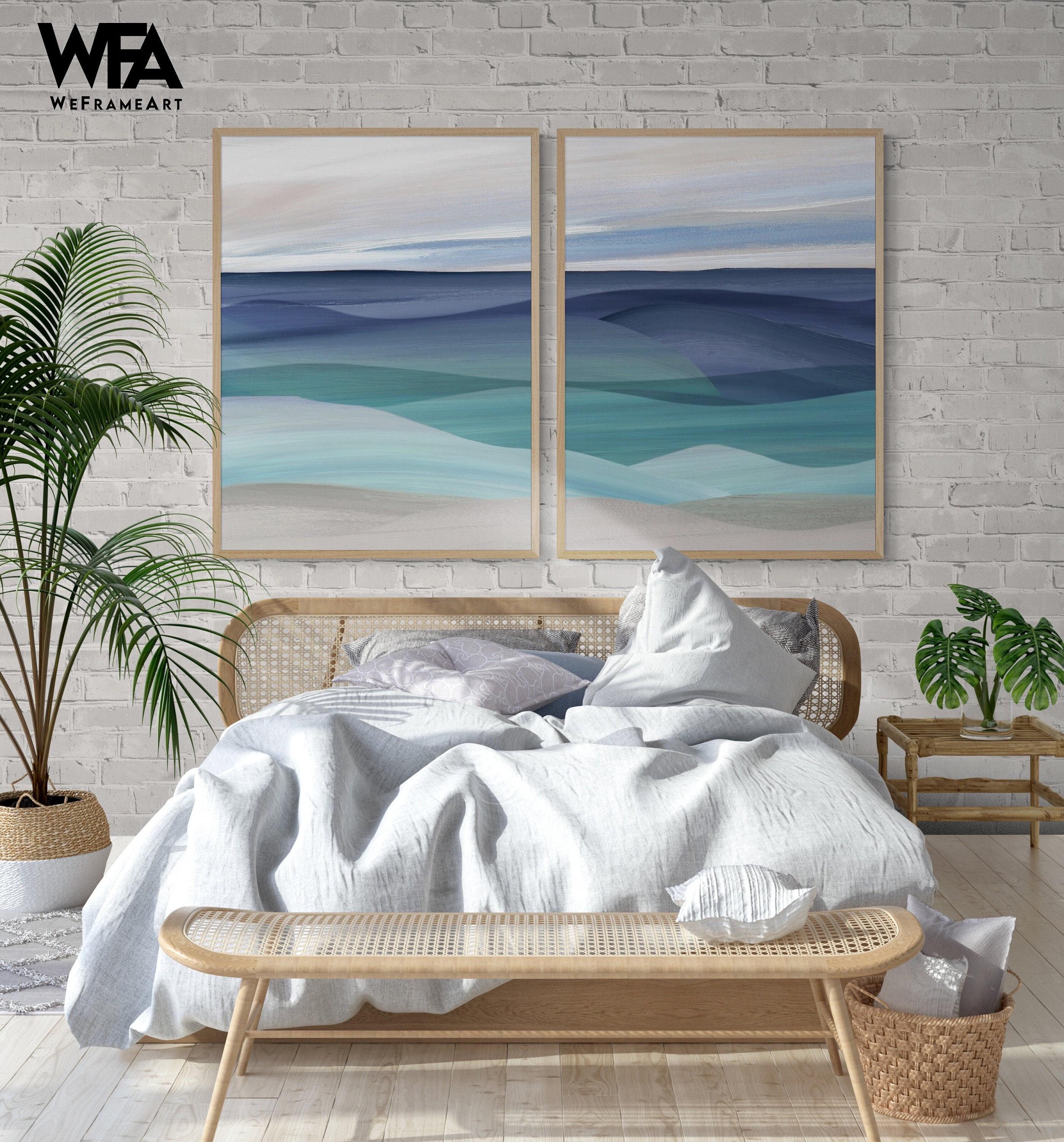 Set of 2 Blue Extra Large Wall Art Prints, Framed Abstract