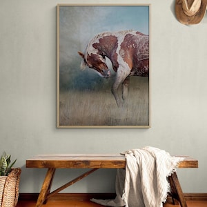 Wild Horse Wall Art for Farmhouse Living Room, Framed Stallion Painting for Western or Southwest Decor