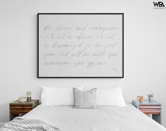 Be Strong and Courageous Print, Framed Joshua 1:9 Quotes About Life Print, Christian Quotes Print, Black and White Bible Artwork