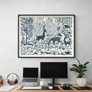 Forest Life I by Miranda Thomas, Blue Forest Animal Decor, Deer Wall Art, Dark Blue Nature Bedroom Print, Small Bunny Wall Decor