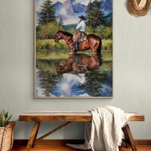 Wild Western Painting Print, Framed Cowboy Oil Painting Print, Horse Wall Decor, Landscape Wall Art, Farmhouse Wall Art, Framed Wall Art