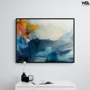 Orange and Blue Abstract Painting Print, Framed Navy Blue Painting, Orange Wall Decor, Abstract Ocean Art, Extra Large Wall Art Abstract