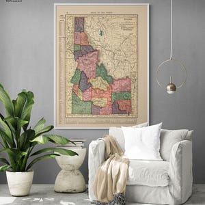 Gem State Map Print, Framed Idaho Art, Vintage Idaho Map, Old Map Print, Geographical Art Print, United States Print, Framed Wall Art