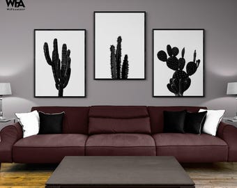 Set of 3 Black and White Cactus Framed Prints, Oversized Wall Art