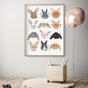 Rabbits in Glasses Art Print, Kids Nursery Decor
