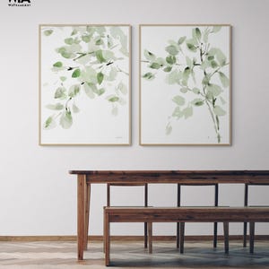 Green Watercolor Leaves Print Set, Botanical Framed Wall Art