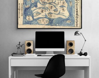Ancient Map of Korea, Antique Blue Korean Map Print, Rustic Blue Public Library Wall Art, Entryway Poster Print, Asian Room Wall Art