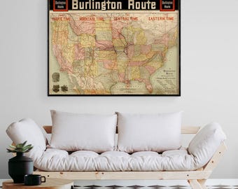 Burlington Route Time Zone Poster, Vintage Train Map Art Print