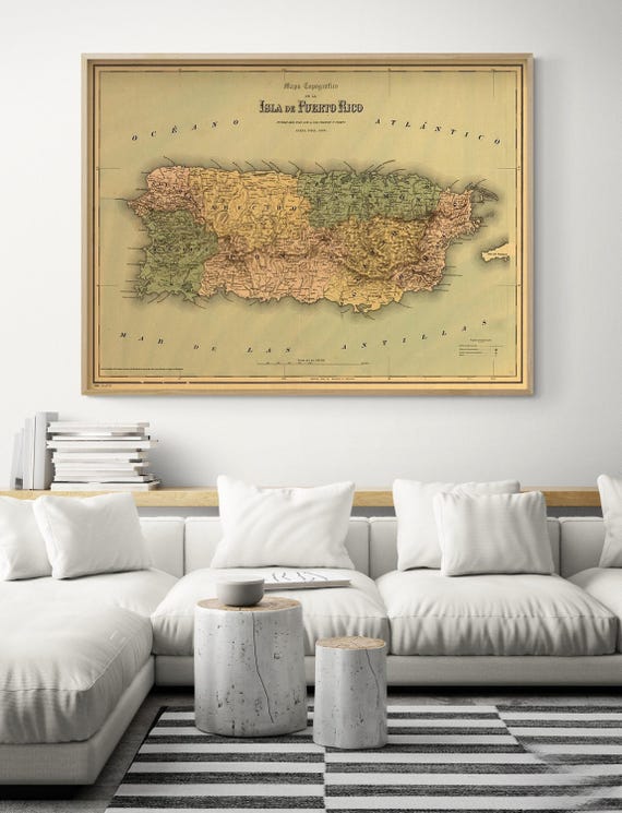 Carte ancienne de Porto Rico, 1886, impression encadrée rustique - Canada