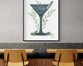 Minimalist Martini Recipe Art Print, Olives Drink Kitchen Decor