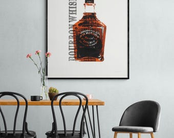 Bourbon Bottle Art Print, Whiskey Bar Wall Decor, Framed Alcohol Poster