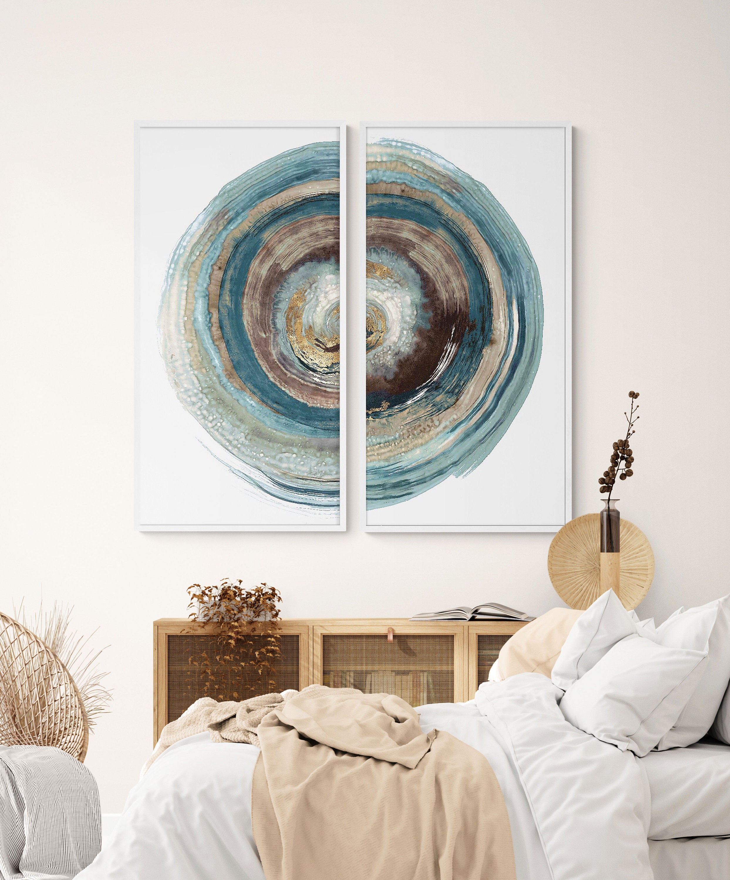 Set of 2 Geometric Blue and Gold Circles Extra Large Wall Art Etsy