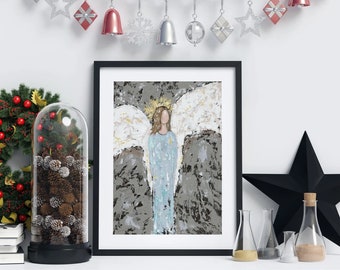 Guardian Angel Wall Art Christmas Fine Art Print Framed Gabriel Angel Nativity Scene Christian Religious Artwork New Baby Xmas Gift Idea