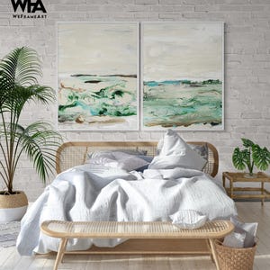 Láminas abstractas verdes, juego de 2, Horizonte en menta y agua, arte de pared extragrande enmarcado.