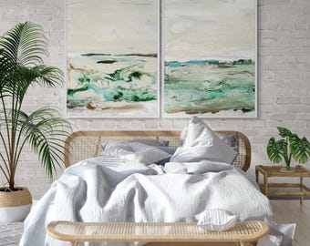 Green Abstract Art Prints, Mint Aqua Horizon Set of 2, Framed Oversized Wall Art