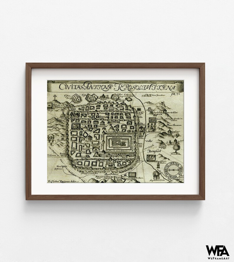 Modern Antique Map of Jerusalem, Religious House Decor, Holy Land Poster, Biblical Places Map Prints, Church Wall Art,Christian Entryway Art Walnut + Mat