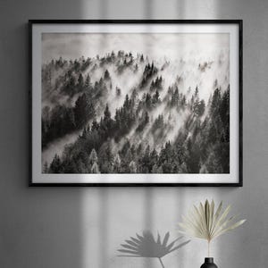 Forest and Mountains Photography Oversized Wall Art, Black and White Foggy Forest Photo Prints, Mountain Landscape Black and White Prints