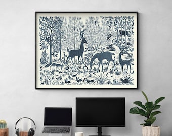 Blue Forest Animals Art Print, Deer, Bunny, Nature Bedroom Decor