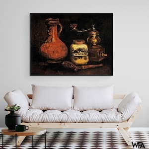 Van Gogh Coffee Painting for Kitchen or Cafe, Coffee Mill Pipe Cas Jug Print – Still Life Wall Art, Framed Classic Decor