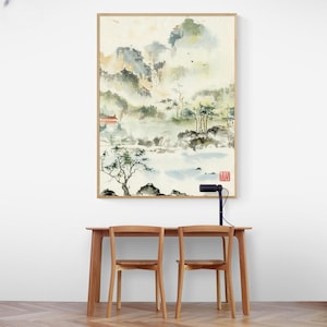 Asian Landscape Painting Print, Framed Oriental Wall Art, Asian Antique Landscape, Chinese Landscape Painting, Asian Inspired Art