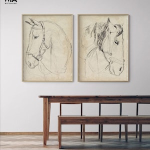 Horse Sketch Art Prints, Equestrian Wall Decor (Set of 2)