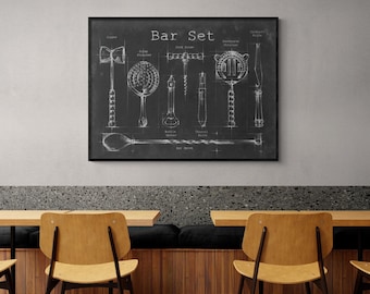 Framed Bar Set Drawing Print, Minimal Cocktail Art