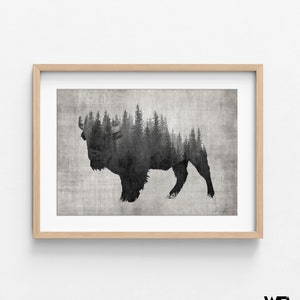 Large Bison Art Print, Framed Abstract Forest Print, American Bison Print,Steppe Bison Art,Cowboy Wall Art,Dark Forest Print,Framed Wall Art image 3