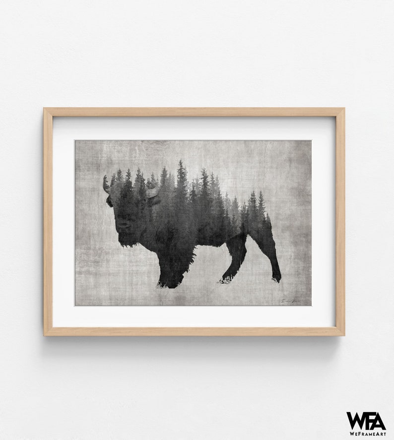 Large Bison Art Print, Framed Abstract Forest Print, American Bison Print,Steppe Bison Art,Cowboy Wall Art,Dark Forest Print,Framed Wall Art image 3