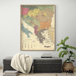 People of the Balkans and Danube Area 1940, Balkans Old Map, Balkan Peninsula Map, Rustic Home Studio Wall Decor, Restaurant Wall Art