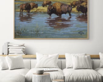 Buffalo Crossing Painting Print by Jack Sorenson, American Farm Animal Art