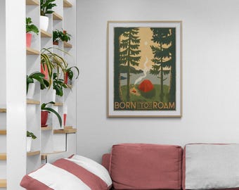 Retro Camping Poster, Vintage Nature Wall Art, 'Born to Roam II'