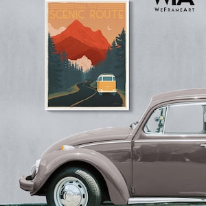 Retro Road Trip Poster Print, Framed Roadtrip Poster Prints, Vintage Poster Prints, Oversized Wall Art, Large Wall Art, Landscape Wall Art