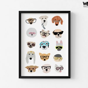 Dogs with Glasses by Hanna Melin, Doggo Wall Art, Cute Dog Nursery Print, Baby Nursery Gift Idea, Gender Neutral Playroom Decor Black Frame