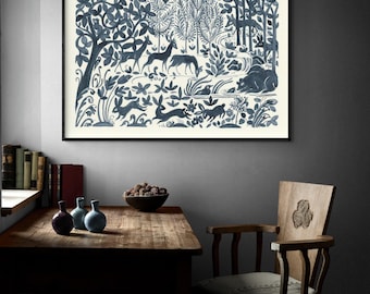 Forest Life II by Miranda Thomas, Navy Blue Forest Print, Forest Animals Wall Art, Wild Animal Print, Rabbit Painting Print