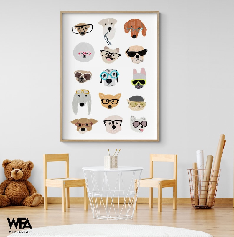 Dogs with Glasses by Hanna Melin, Doggo Wall Art, Cute Dog Nursery Print, Baby Nursery Gift Idea, Gender Neutral Playroom Decor Natural Frame
