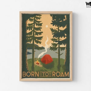 Retro Camping Poster, Framed Camping Poster Oversized Wall Art, Vintage Camping Poster, Camping Wall Art, Nature Large Wall Art Natural Frame