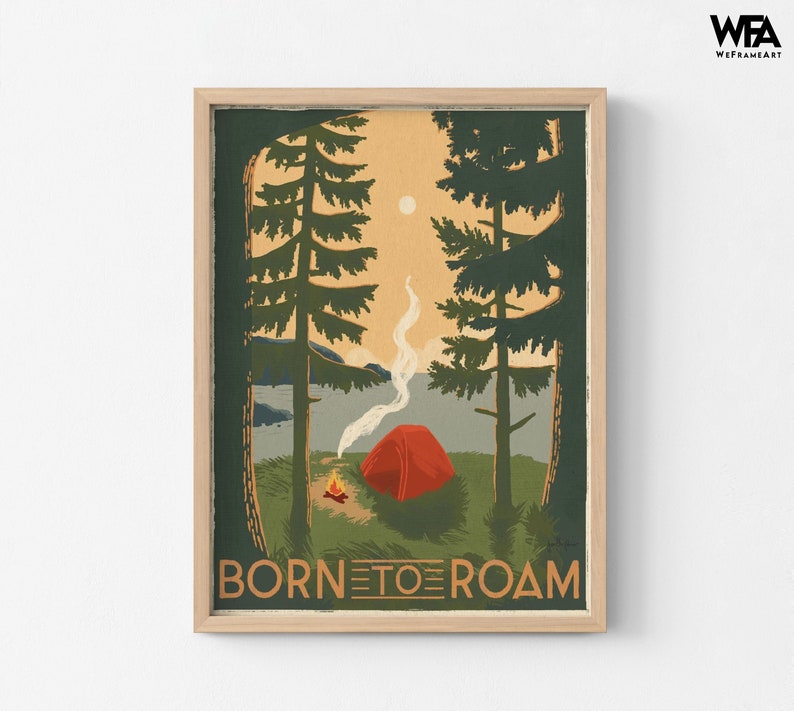 Retro Camping Poster, Framed Camping Poster Oversized Wall Art, Vintage Camping Poster, Camping Wall Art, Nature Large Wall Art Natural Frame