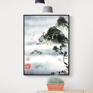 Asian Mountains Wall Art, Framed Chinese Decor, Asian Nature Print, Landscape Painting Print, Traditional Asian Art,Vintage Nature Landscape