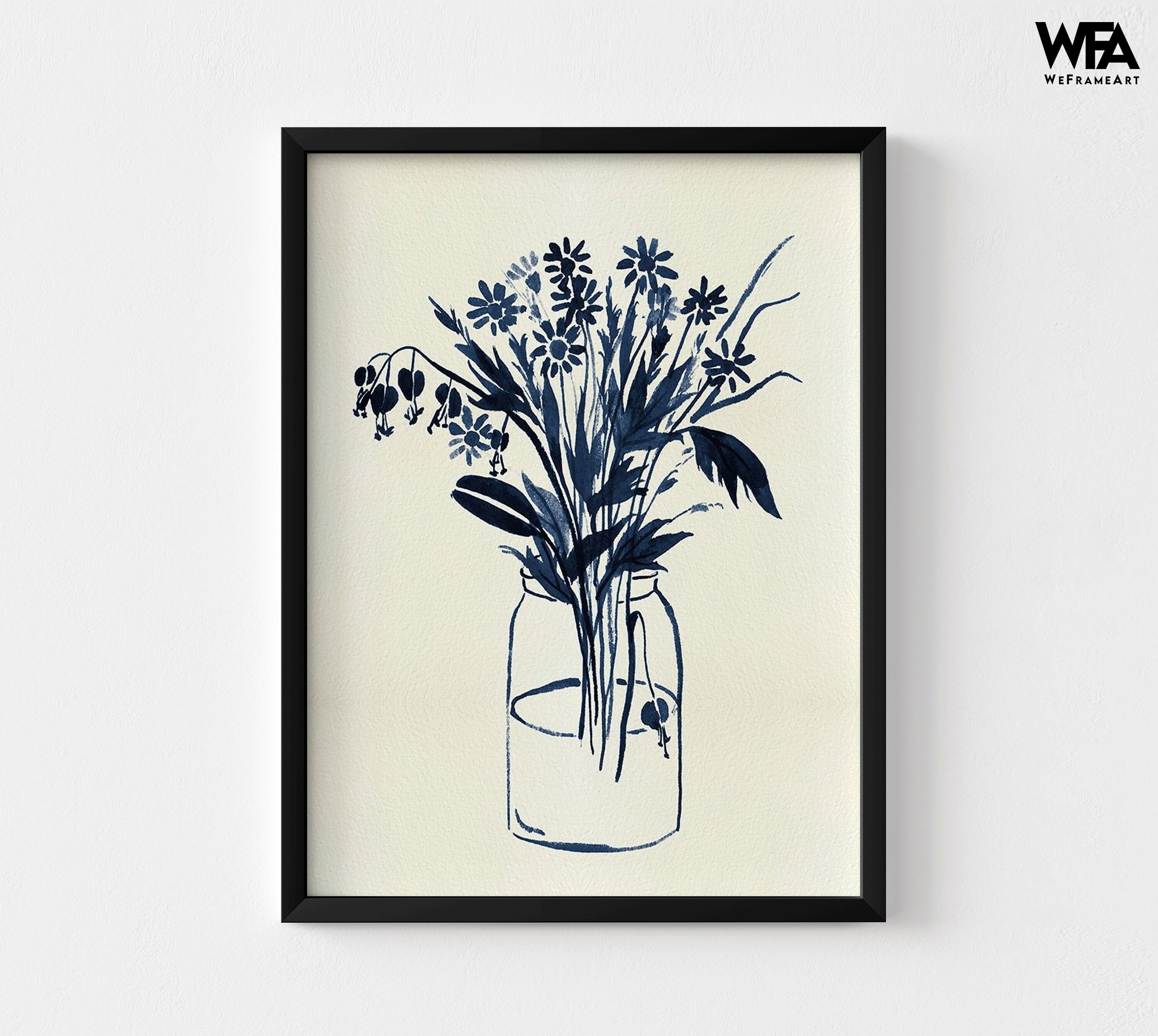 Navy Blue Flowers Painting Print Frames Blue Floral Art Blue Etsy