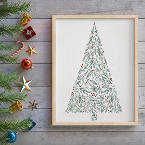 Minimalist Christmas Tree Print, Holly Green Boho Holiday Wall Art