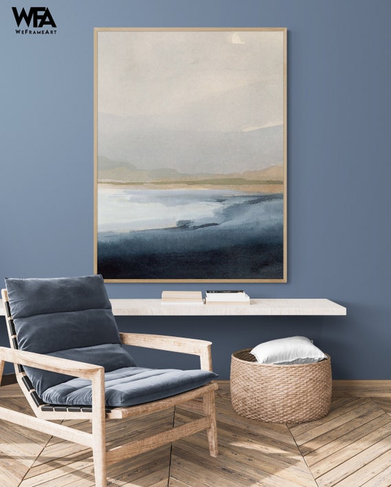 Navy Blue Landscape Painting Print Framed Beach Wall Art Etsy